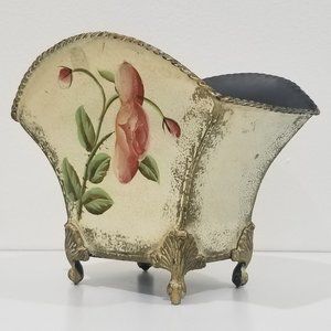 Metal Planter - Rococo Style Vase - Scroll Foot - Hand Painted Look - Pink Roses